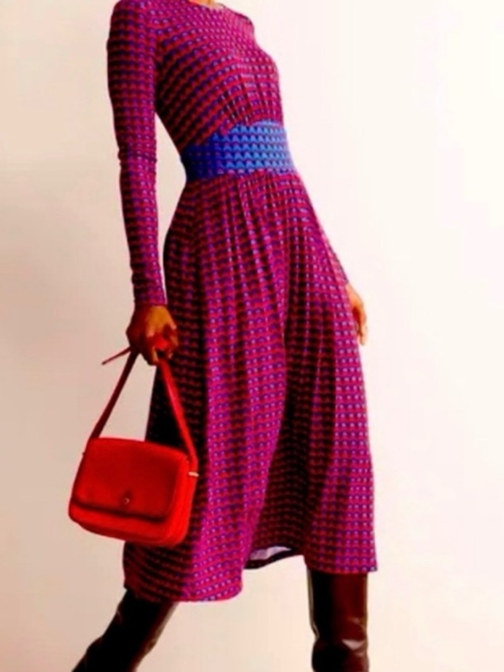 Boden Thea Red and Blue Graphic Scallop-Print Long Sleeve Midi Dress